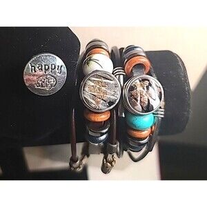 NWOT Lot Of 2 Leather Bracelets Interchangeable Snap Charm Marbled, Happy Camper